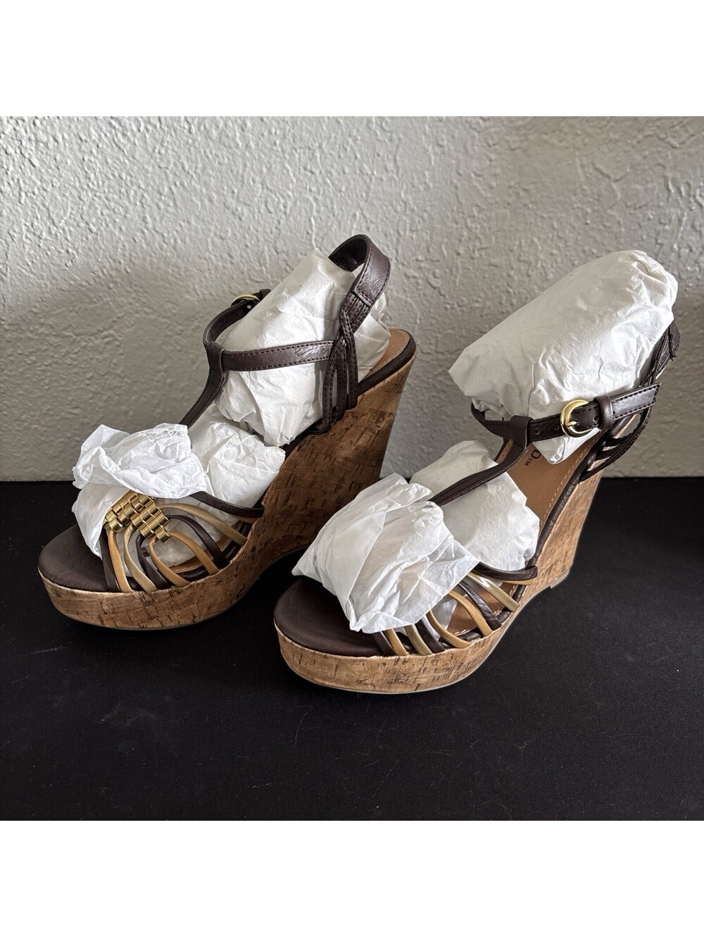 City Classified Cork Wedge Sandals Strappy Brown Size 7